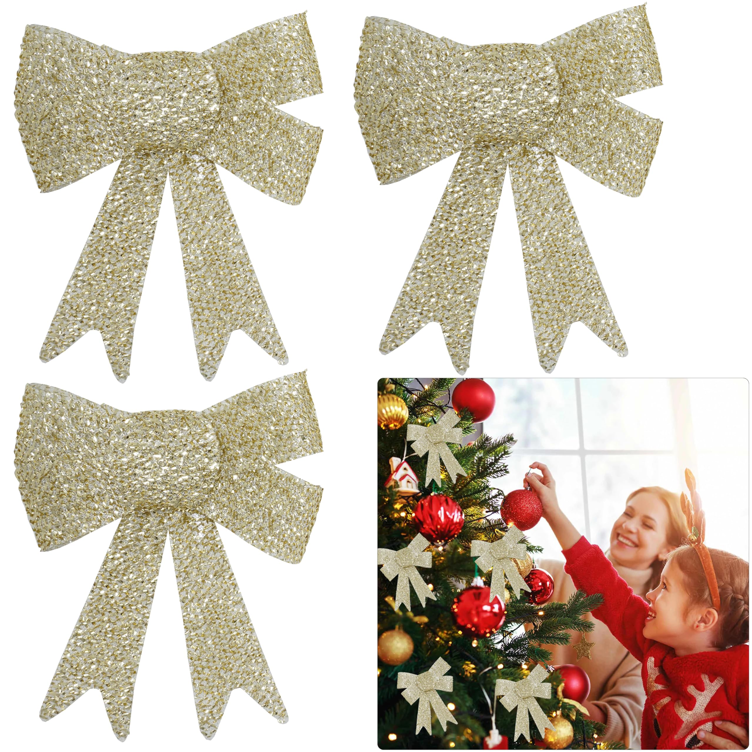SRV Hub 3Pcs Gold Glitter Christmas Bows 11cm, Decorative Xmas Bows for Tabletop Trees, Wreaths, Hanging Door Decorations, Christmas Crafts and Holiday Supplies