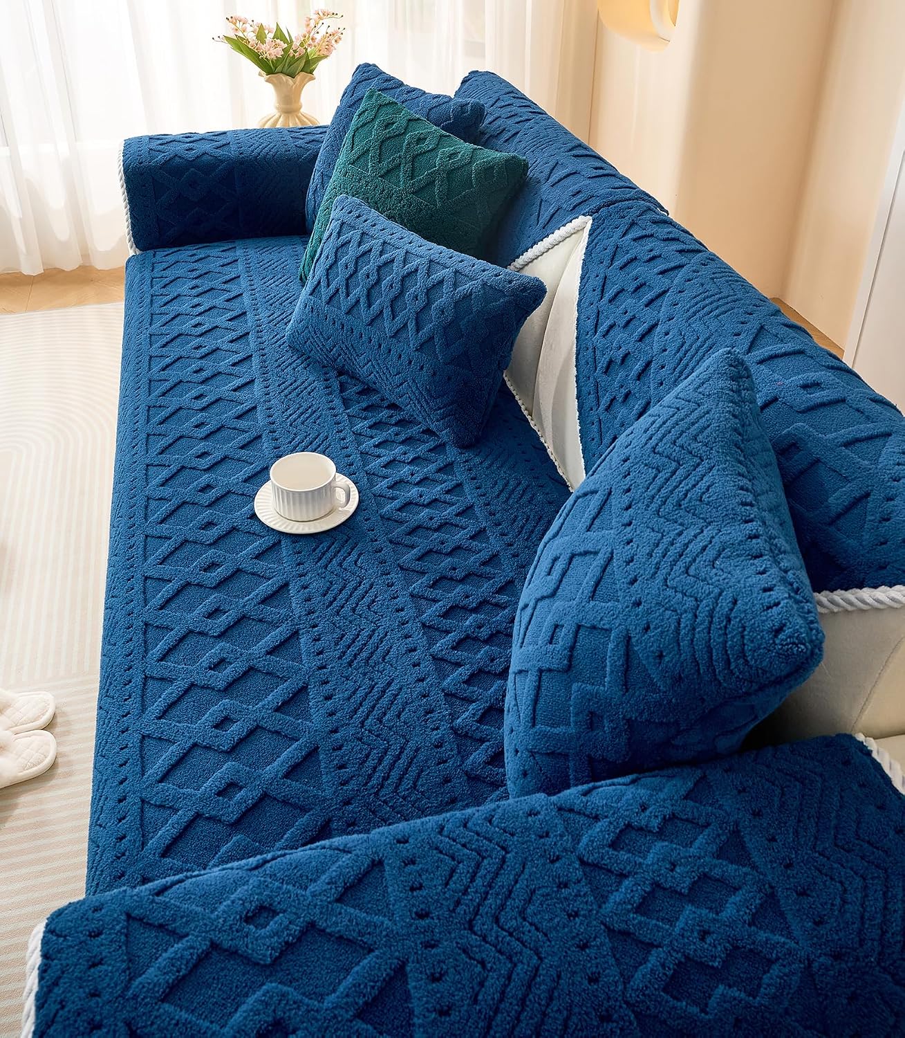 vctops Boho Jacquard Plush Sofa Cover Fluffy Fuzzy Couch Cover for Dogs Soft Cozy Non Slip Sectional Sofa Slipcover Washable Furniture Protector for Kids, Pets (Blue,36"x70")