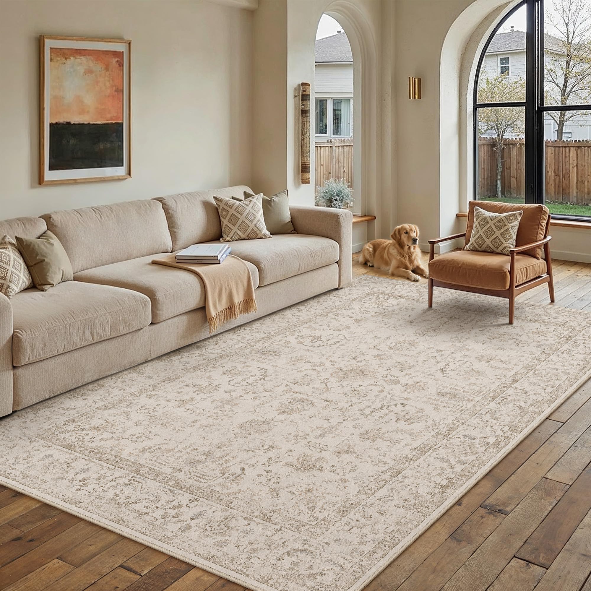 PureCozy Vintage Rugs Living Room Area Beige Rug 160x230cm Washable Large Bedroom Rugs Non Slip Soft Hall Lounge Dining Room Office Indoor Low Pile Carpet