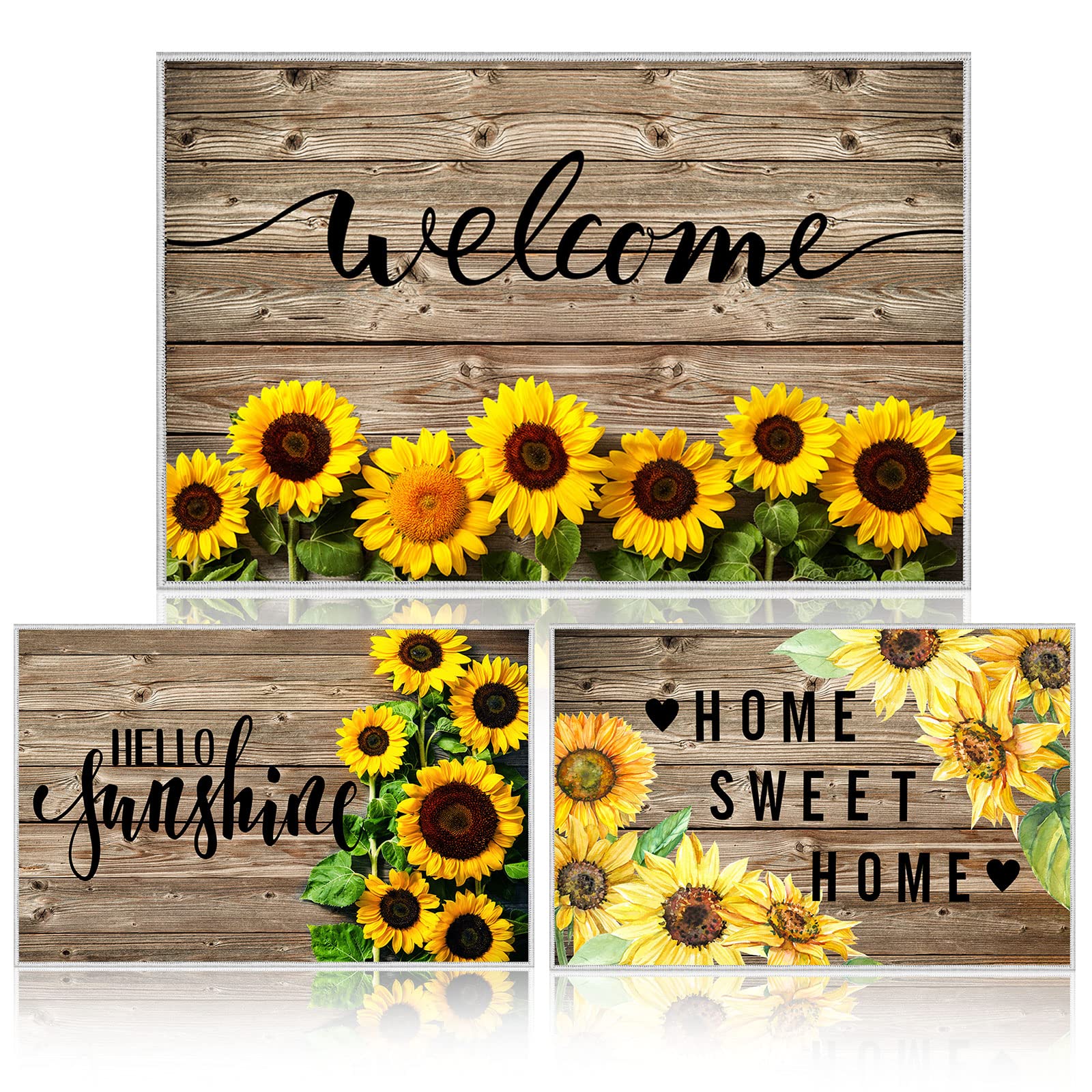 3 Pcs Sunflower Welcome Door Mat Hello Sunshine Decorative Summer Doormats Non Slip Seasonal Rubber Front Door Rugs for Indoor Outdoor Entry Floor Washable Waterproof Entrance Standing Mat