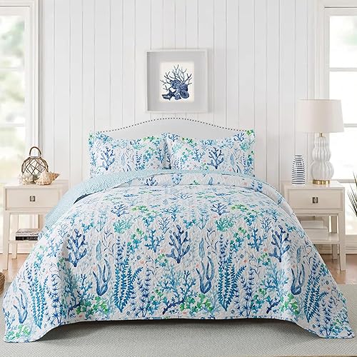 Vista 209 de NEWLAKE Juego de colcha de algodón, juego de colcha reversible de retazos, estampado real clásico turquesa, tamaño Queen Turquesa Clásico
