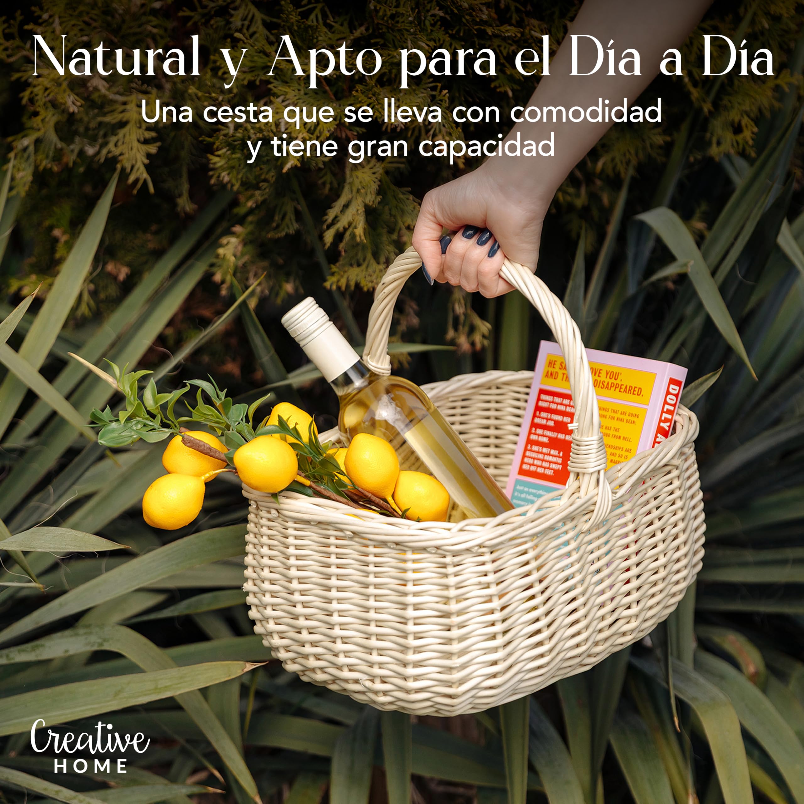 Creative Home Blanca Cesta de Mimbre Grande con Asa | 36 x 27 x 32 cm (+/- 2 cm) Ligera | para Picnic Plantas Almacenaje Decoración | Tejida a Mano | Marrón Natural | Multiuso, Práctica y Duradera