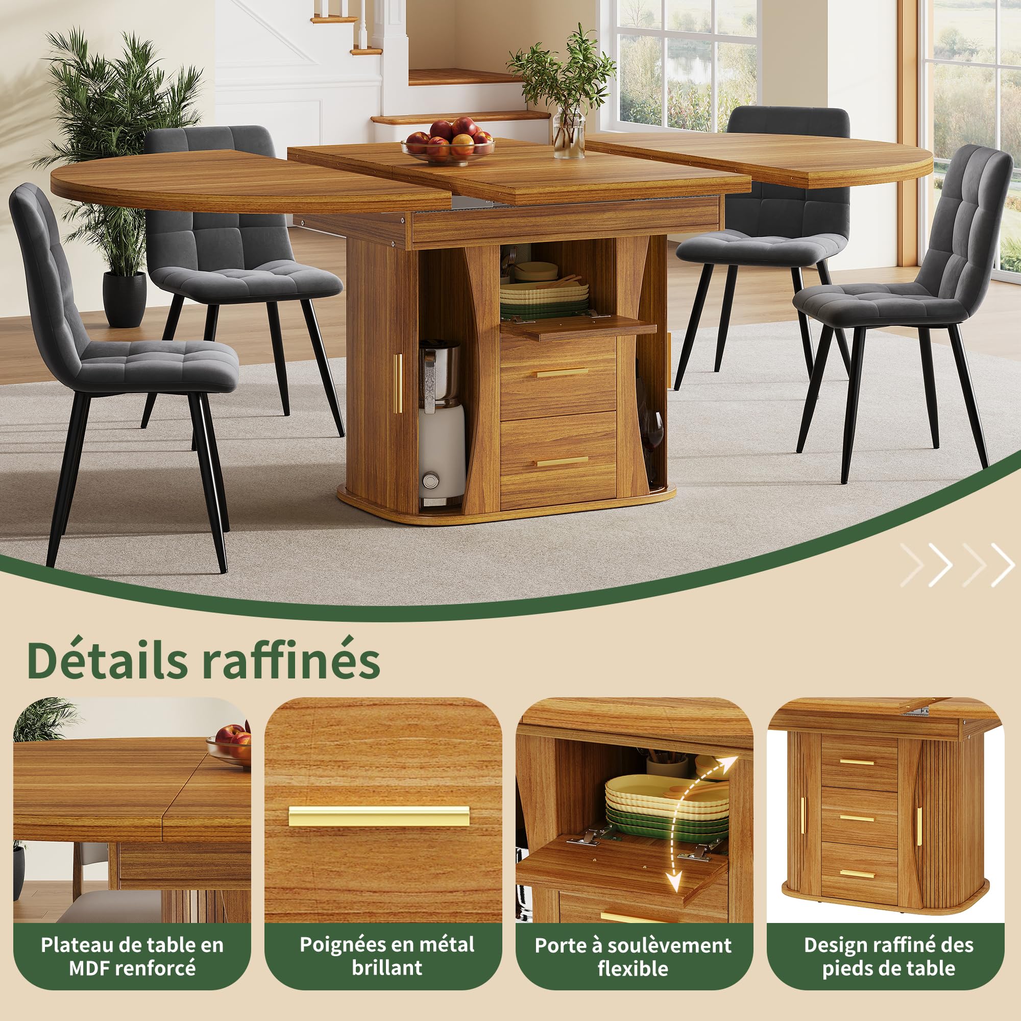 Table à Manger Extensible 118-158 cm, Table Ronde Salle Manger avec 2 Tiroirs, 3 Compartiments de Rangement, Table de Cuisine pour 6 Personnes, pour Cuisine Salon et Bureau, Finition Noyer