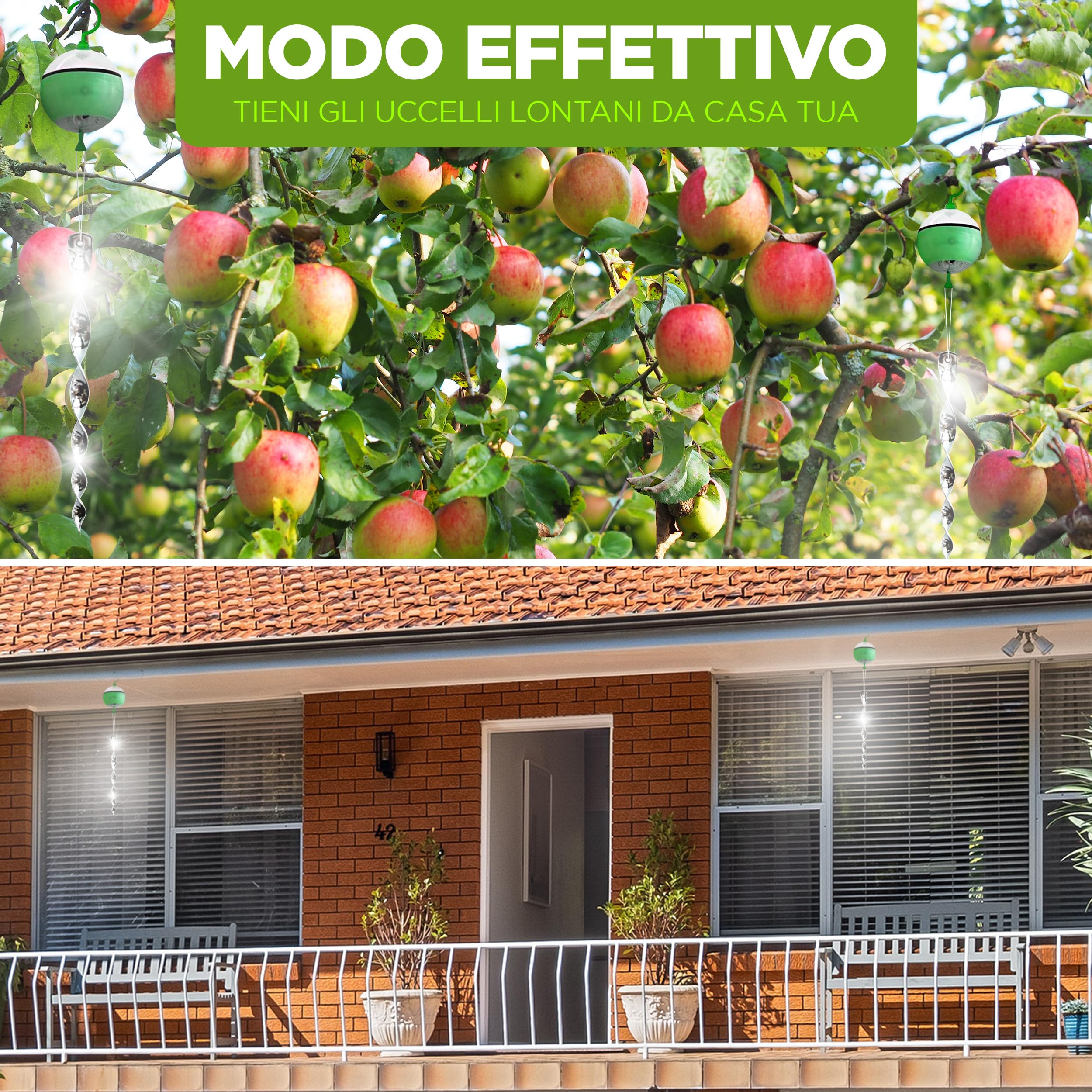 ISOTRONIC dissuasore solare uccelli 4in1 movimento ultrasuoni luce blu riflettori argentati piccioni balcone giardino 4 pezzi efficace esterno protezione difesa stop volatili ecologico decorativo