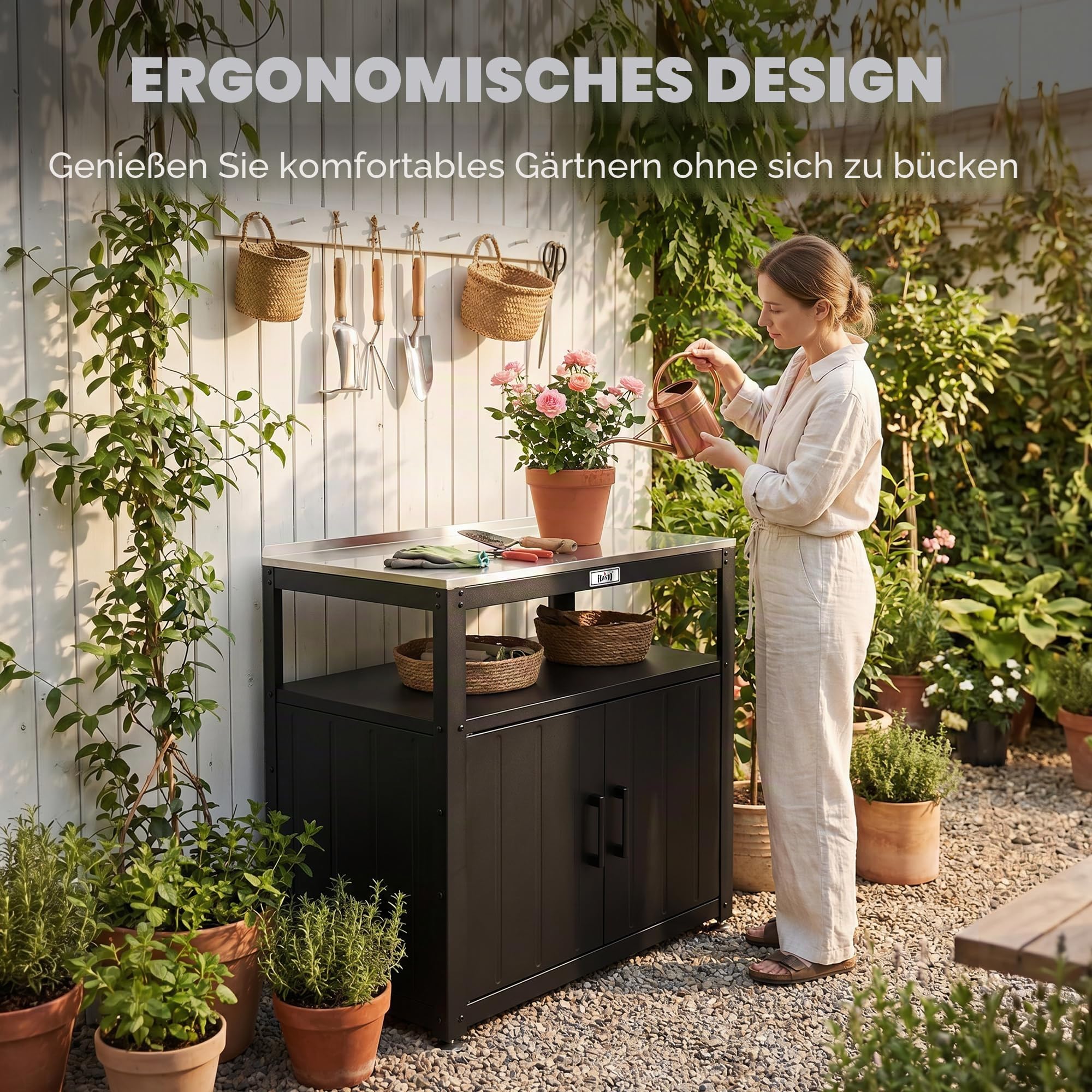 Feasto Gartenpflanzbank für Terrasse mit Aufbewahrungsschrank, Schwarz