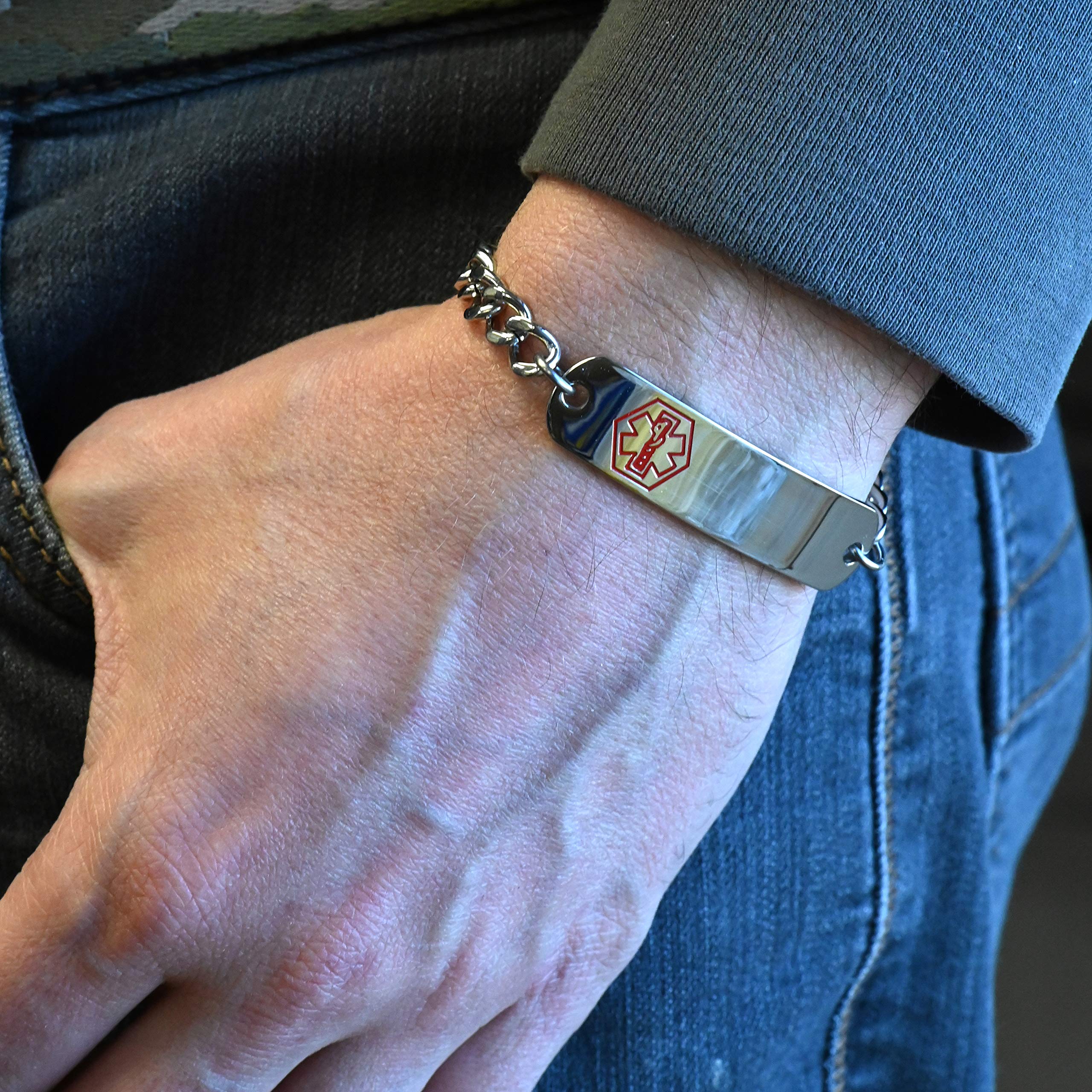 Medical Alert Bracelet Stainless Steel with Free Custom Engraving and ID Card, Curb Chain - Red - Made in USA - Wrist Size 6.5 Inch