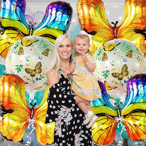 Miniatura 2 de KatchOn, Globos gigantes de mariposa azul y amarillo, paquete de 6, globos de mariposa arcoíris de Mylar  globos redondos de mariposa  Globo de
