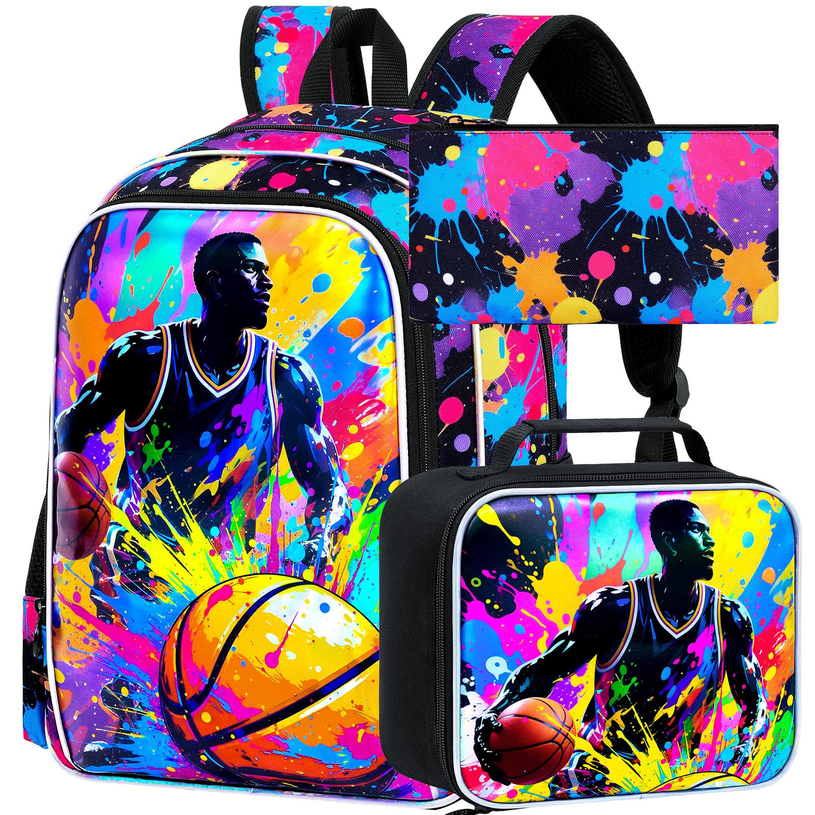 17" Basketball Backpack for School, 3Pcs Boys Bookbag with Lunch Box, Kids Backpacks Set for Elementary Preschool Kindergarten (Graffiti)