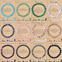 Svovin 12PCS Gemstone Bracelets Set for Women Men - 8mm Stretch Crystal Stone Beaded Jewelry with Healing Meaning Cards