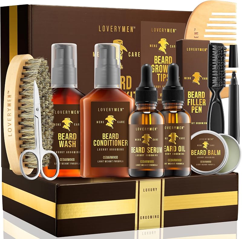 LOVERY Ultimate Beard Care Kit - 12pc Complete Grooming Set in Cedarwood, Beard Balm, Wash, Conditioner, Oil, Serum, Beard Pen & More Birthday Gifts for Men Boyfriend Husband, Mens Gifts for Him