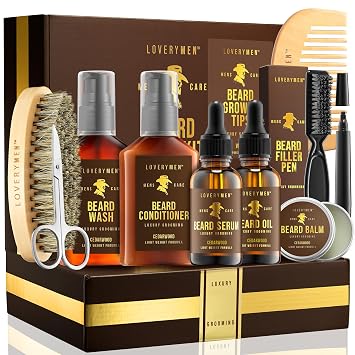 LOVERY Ultimate Beard Care Kit - 12pc Complete Grooming Set in Cedarwood, Beard Balm, Wash, Conditioner, Oil, Serum, Beard Pen & More Birthday Gifts for Men Boyfriend Husband, Mens Gifts for Him