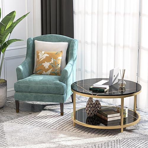 Miniatura 7 de WiberWi Mesa auxiliar redonda de 33.5 pulgadas para sala de estar, parte superior de mármol negro sintético de alto brillo, mesa circular moderna