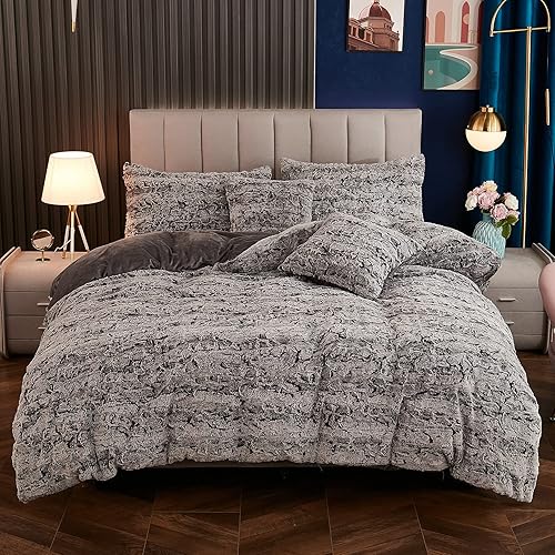 Yaoshuho Juego de funda de edredón suave y esponjosa de piel sintética cepillada de lujo de terciopelo de visón lanudo con fundas de almohada