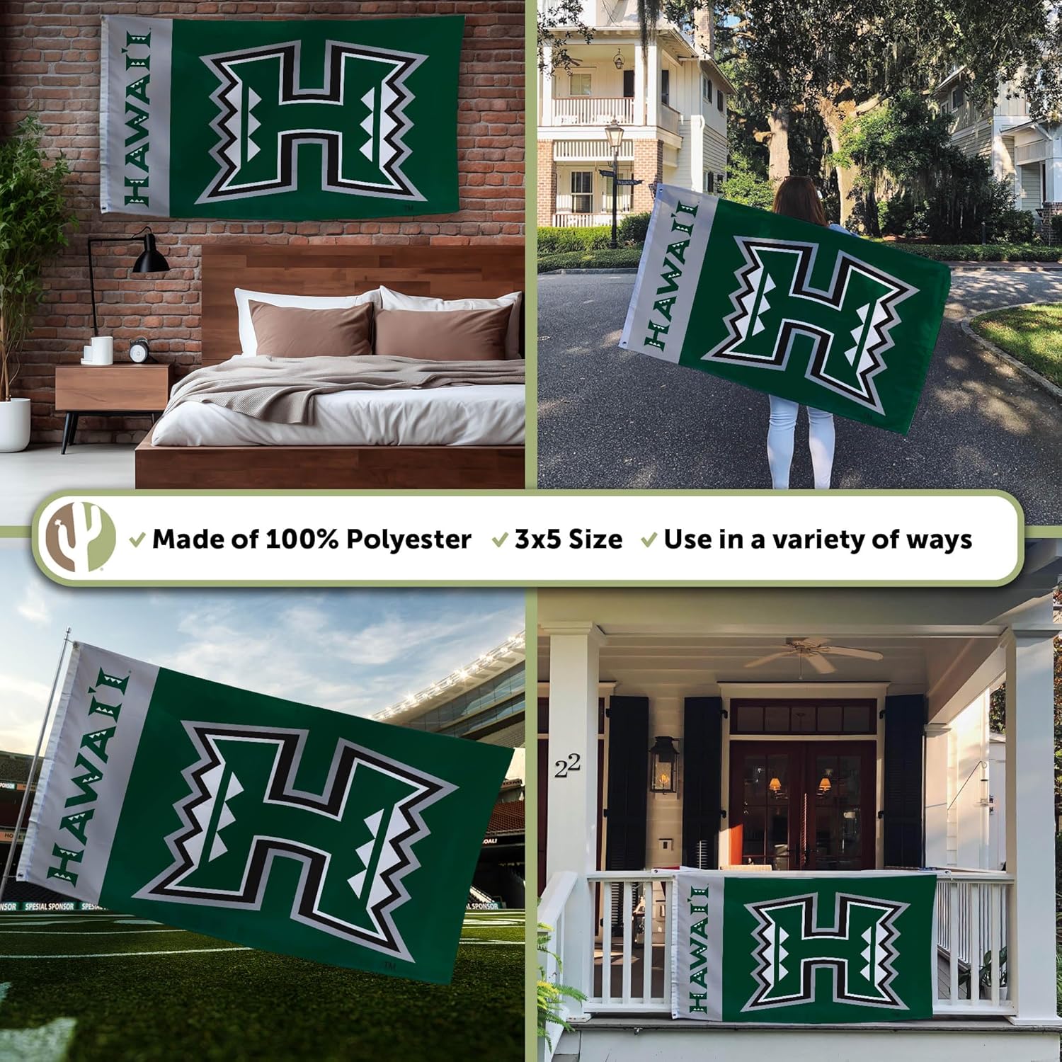 Desert Cactus University of Hawaii Flag Rainbow Warriors UH Banners 100% Polyester Indoor Outdoor 3x5 feet Flags (Team Name) - Image 3