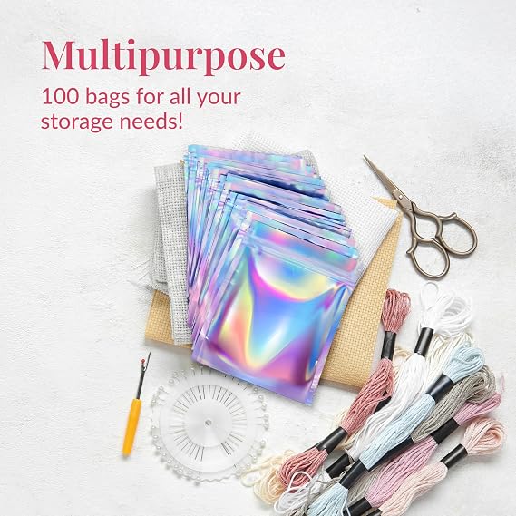 Prestee 100 Pack Mylar Bags 4x6 - Resealable Holographic Bags with Window - Smell Proof Mylar Bag for Food Storage, Candy Bag, Packaging Bags for Small Business, Snacks, Coffee, Herbs, and More