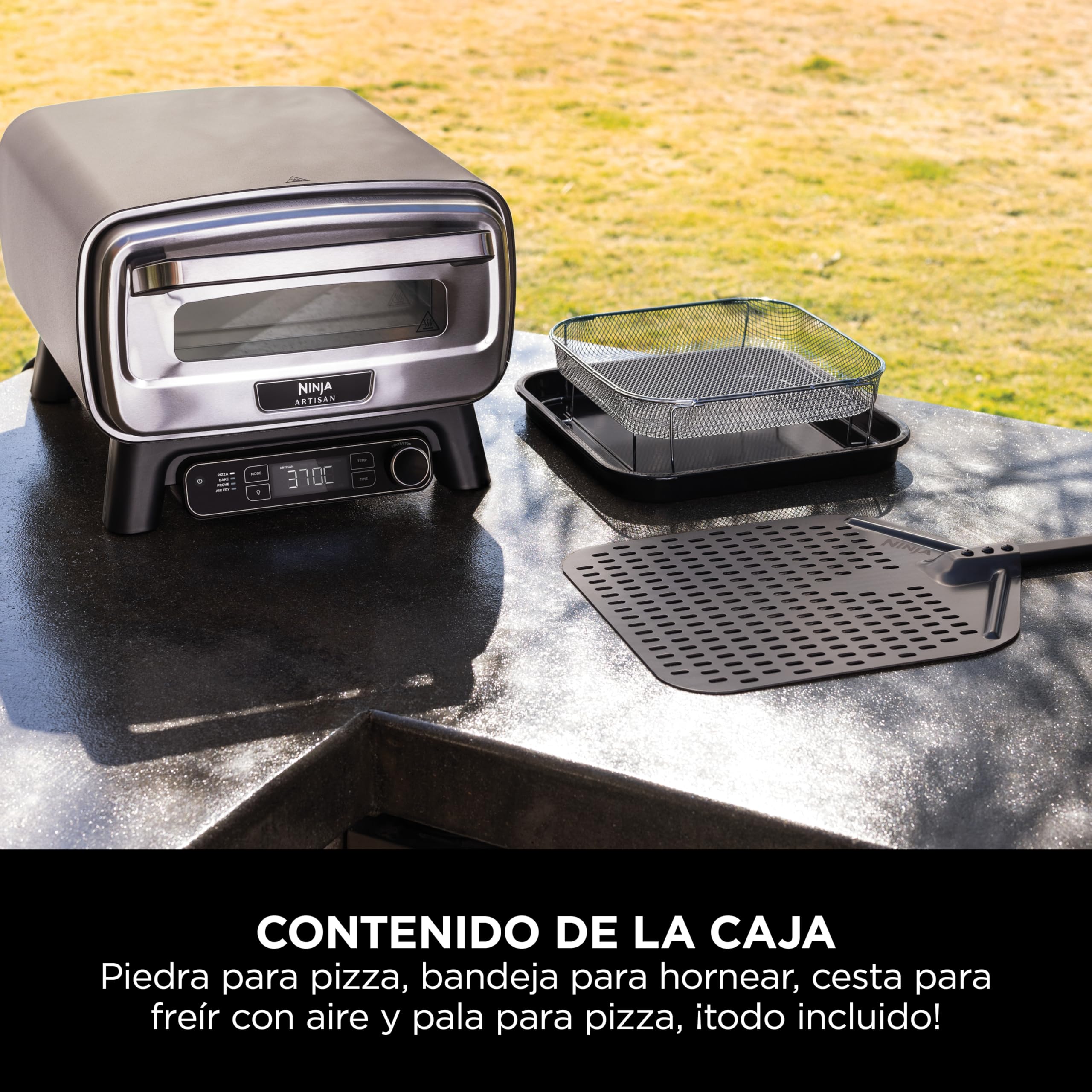 Ninja Artisan Horno air fry y pizza de exterior, 4 funciones: Pizza, Freír con aire, Hornear, Fermentar, 5 ajustes de pizza, Piedra de 30 cm, Pala, Bandeja, Cesta para freír con aire, Gris MO201EU
