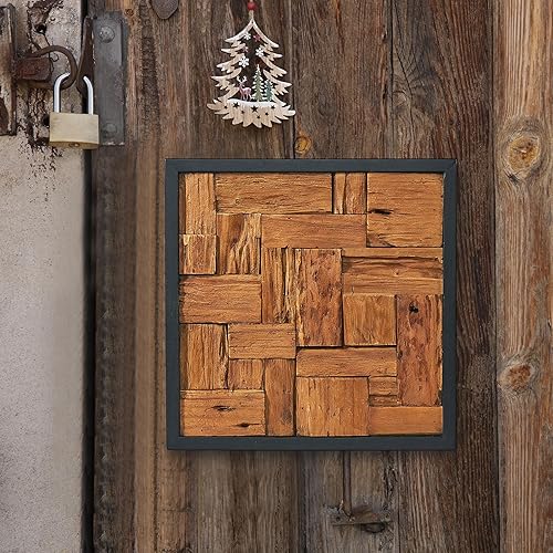 Miniatura 2 de Warmaxx Arte de pared cuadrado de madera de teca rústica de 17 x 17 pulgadas, collage de listones de granja, decoración de pared para el hogar, sala