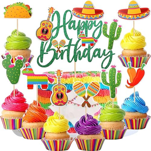 25 piezas de decoración mexicana para cupcakes, fiesta mexicana, feliz cumpleaños, cactus, burro, maraca, sombrero, guitarra, magdalenas, para