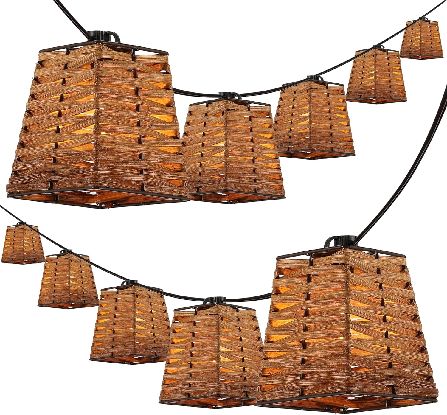 JONATHAN Y 10' Brown 10-Light Bamboo Square String Lights, Classic Vintage Indoor/Outdoor Geometric Lanterns for Patio Deck Porch, Coastal Farmhouse, LED Bulbs Included JYL8707A