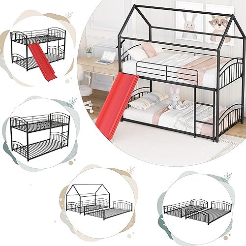 Miniatura 6 de Harper & Bright Designs Litera de metal individual sobre individual con tobogán, litera de casa con tobogán y techo, marco de litera baja para