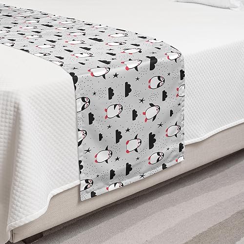 Miniatura 3 de Ambesonne Cartoon Bed Runner, Funny Penguins in Love Joyful Arctic Animals Stars Clouds Doodle, Decorative Accent Bedding Scarf for Hotels Homes and
