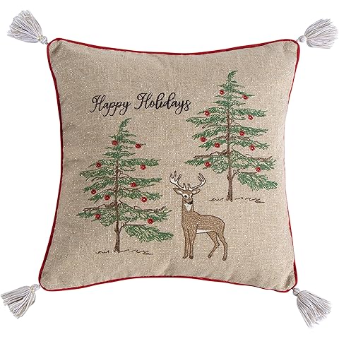 Levtex Home - Christmas Decorative Pillow (18x18in.) - Forest Deer - Red Green Taupe Brown Natural