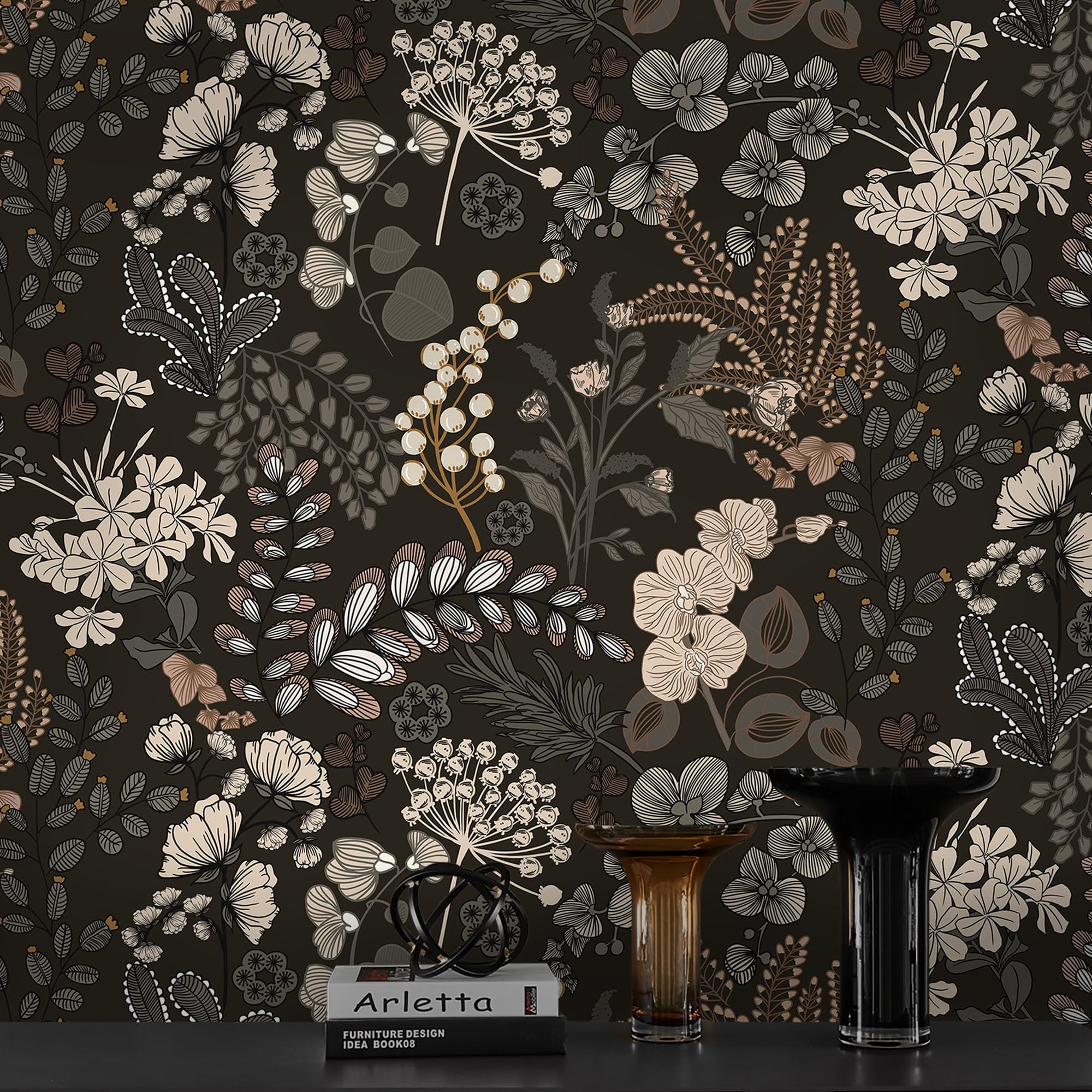 Guvana Peel and Stick Wallpaper Black Floral Wall Paper Vintage Contact Paper Removable Self Adhesive Wallpaper for Bathroom Bedroom Cabinet and