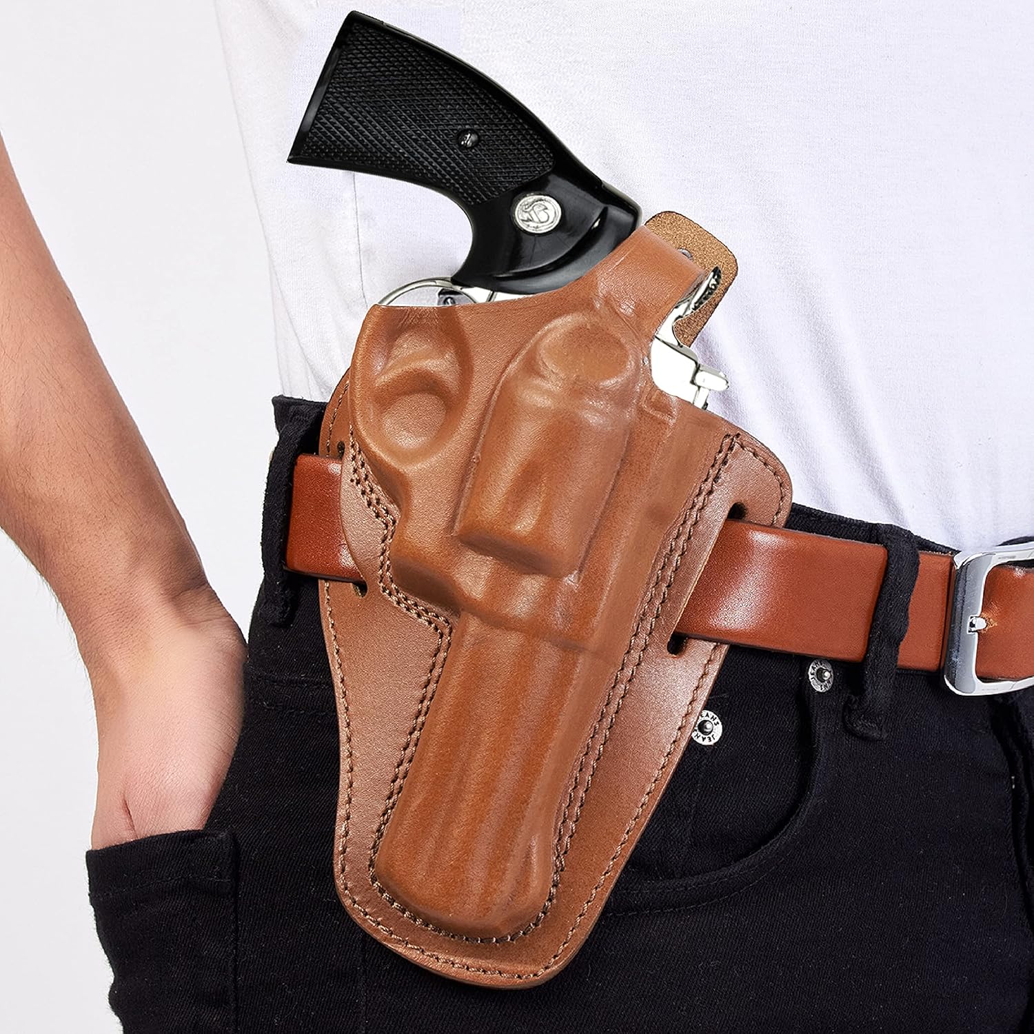 357 Magnum Holster, 2 Slot Pancake OWB Leather Gun Holster Thumb Break Handmade!