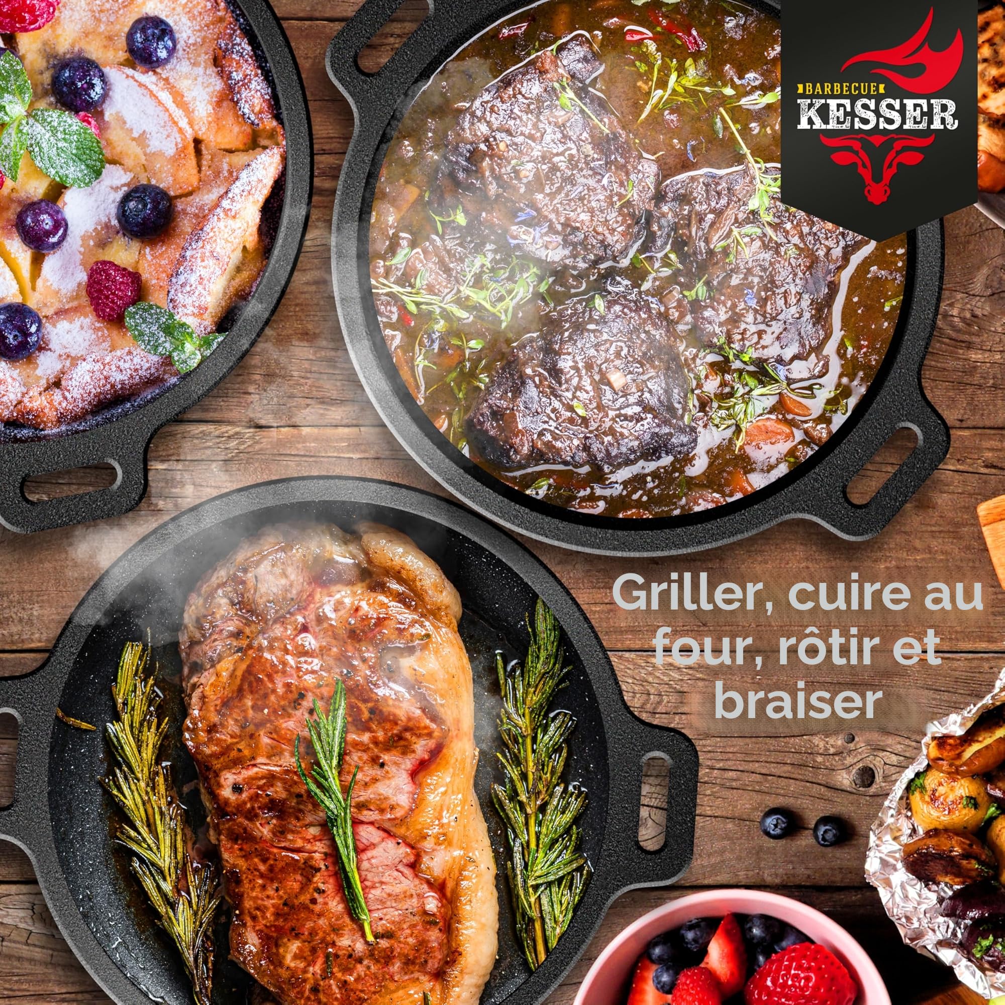 KESSER® Dutch Oven Set BBQ 9 litres, Marmite à feu avec dessous de plat en acier inoxydable, Casserole en fonte avec anse pour soulever le couvercle et fente pour le thermomètre, marmite de cuisson
