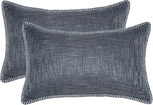 Miniatura 3 de Juego de 2 fundas de almohada de 12 x 20 pulgadas con ribete cosido a mano, de lino y algodón, para decoración del hogar, para sofá, dormitorio,