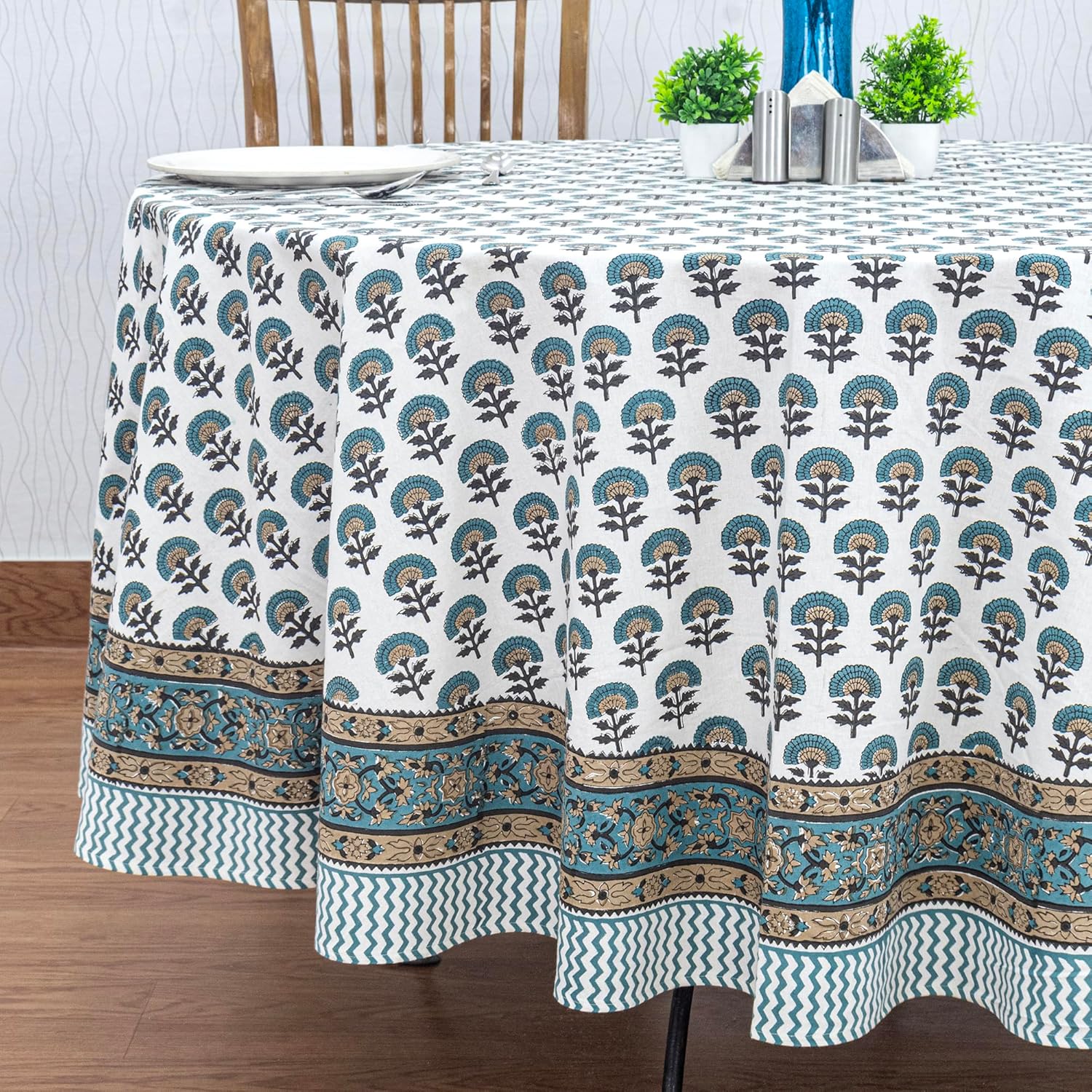 60 Inches Round Hand Block Printed Cotton Tablecloth, Blue Yellow Floral Table Cloths Washable, Indian Table Linen Home Decor Dinning Outdoor - Image 5