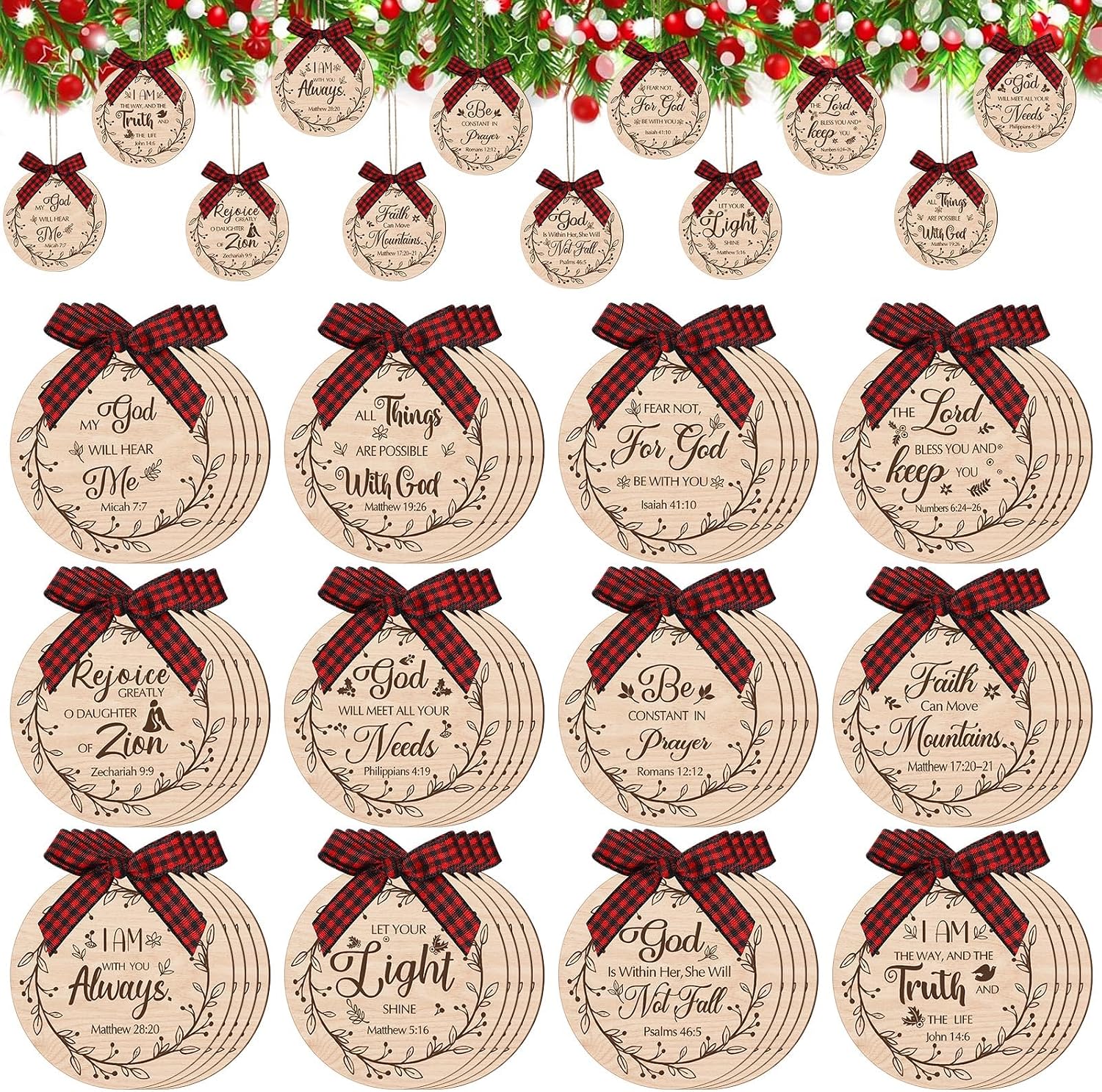 Soaoo 60 Pcs Christmas Bible Verses Ornaments Christmas Wooden Hanging Sign with Buffalo Plaid Bow and Ropes for Xmas Tree Religious Christian Gifts Church Supplies Home Decor (Wood Color)