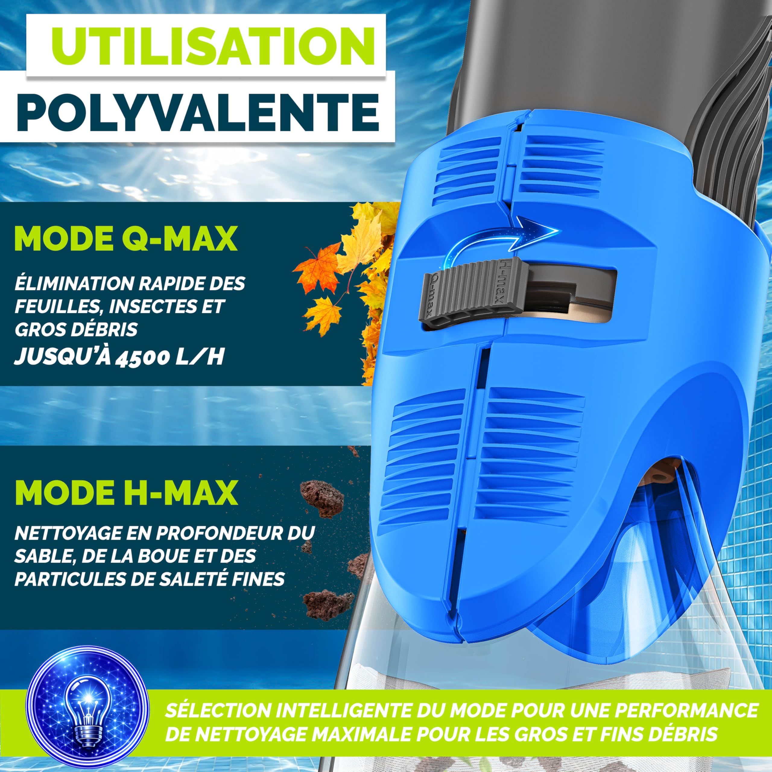 tillvex Aspirateur de Piscine avec Batterie & Manche télescopique + Filtre | Aspirateur de Piscine électrique | Nettoyeur de Piscine avec Filtre & autonomie de 60 Min (Bleu/Gris)