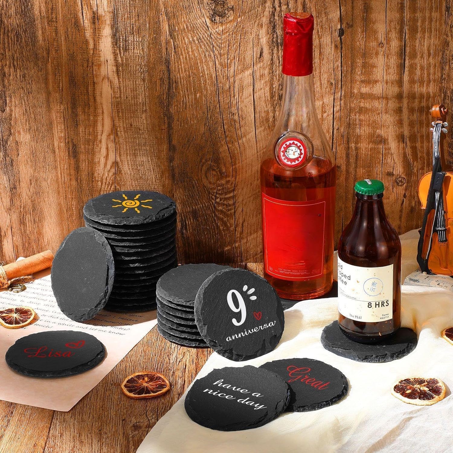 50 Pieces Round Slate Coasters Bulk 4 x 4 Inch Stone Cup Coasters Black Laser Engraving Blanks with Anti-Scratch Bottom for Kitchen Drinks Table Bar Home