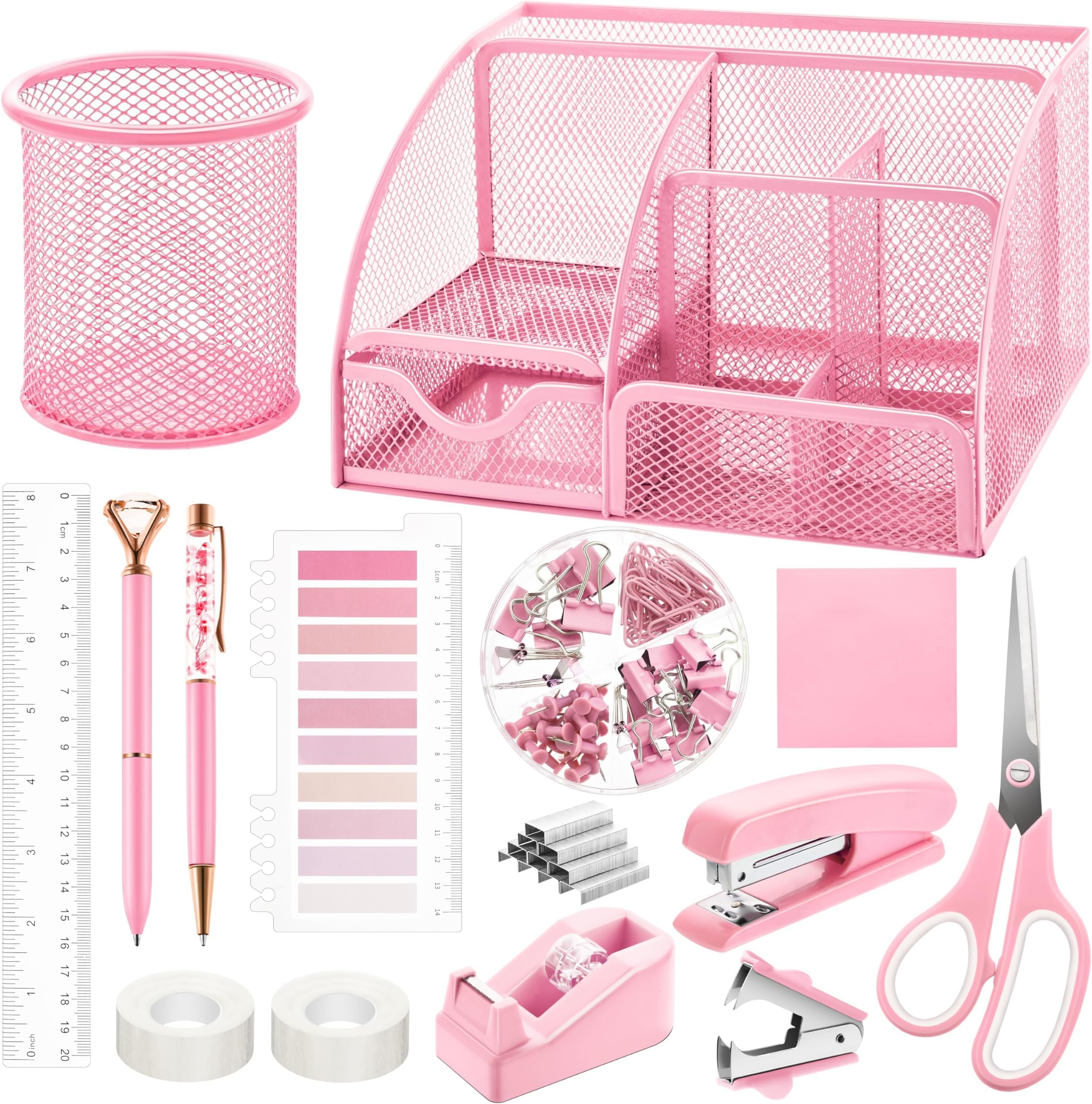 11 Pcs Pink Office Supplies Set Mesh Desk Organizer