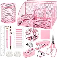 Fayoo 11-Piece Pink Mesh Desk Organizer Set: Stapler, Tape Dispenser, Scissors, Clips & More for Office School Home Women