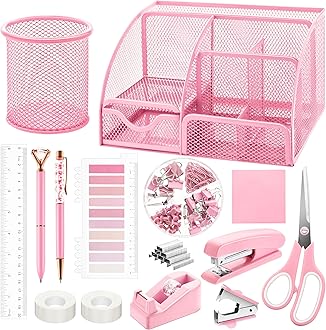 Fayoo 11 Pcs Pink Office Supplies Set Mesh Desk Organizer Accessories Kit include Stapler Tape Dispenser Staple Remover Clips Ruler Scissors Sticky Notes for Office School Home Women (Pink)