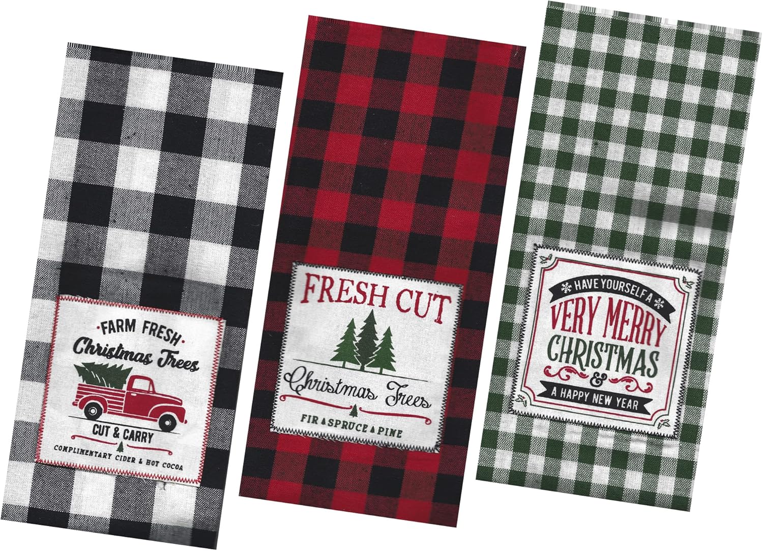 Buffalo Plaid Dish Towels, Set of 3, Christmas Decorative Embroidered Red Truck, Trees Checked Cotton Flat Kitchen Towels 16 x 26 inches, Black, White, Green