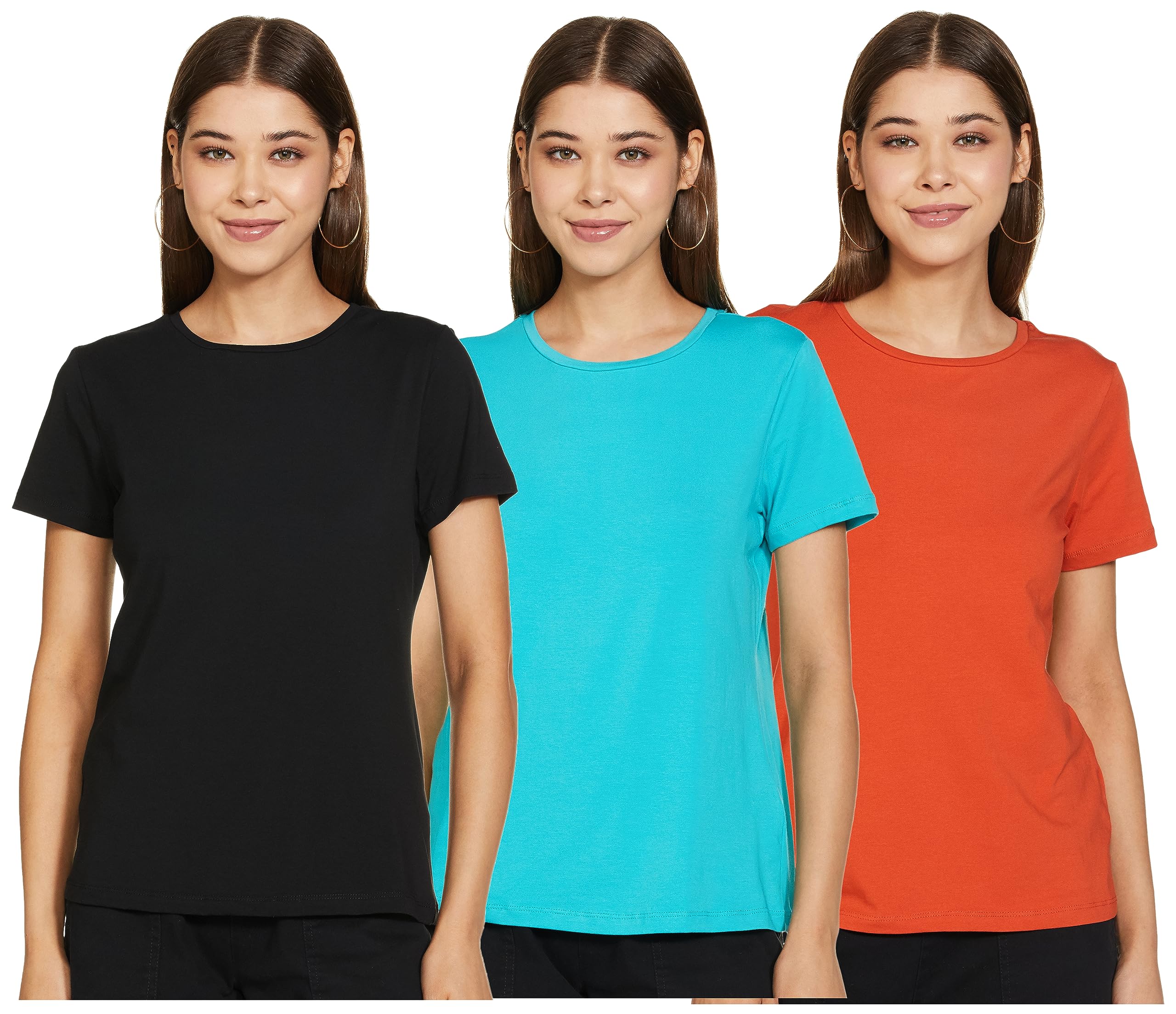 Amazon Brand - SymbolWomen's Cotton Stretch Regular Fit Round Neck Half Sleeve T-Shirt (Pack of 3 | Available in Plus Size)