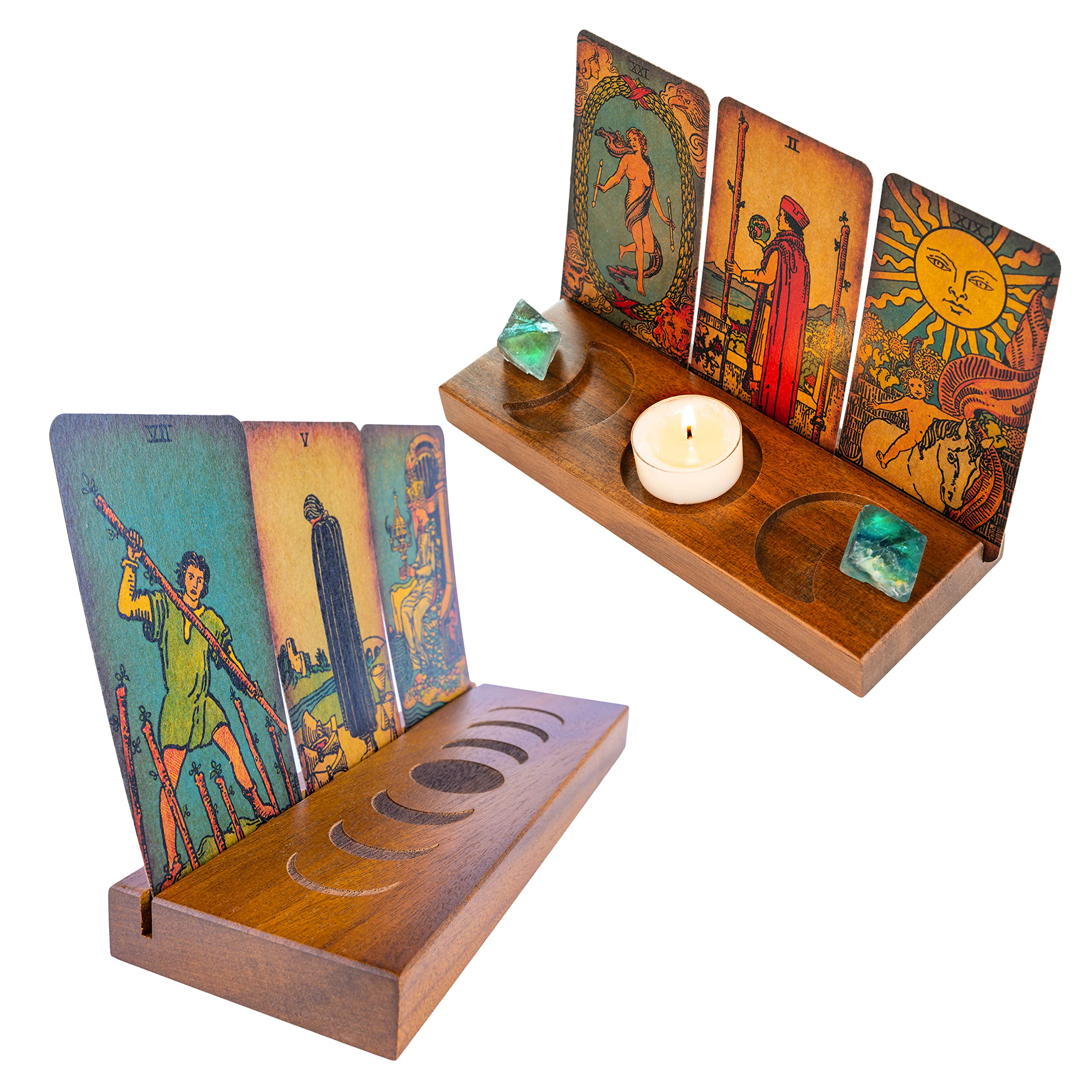 CurawoodTarot Card Holder Stand, Carved Moon & Laser Marked Moon Phase Bundle