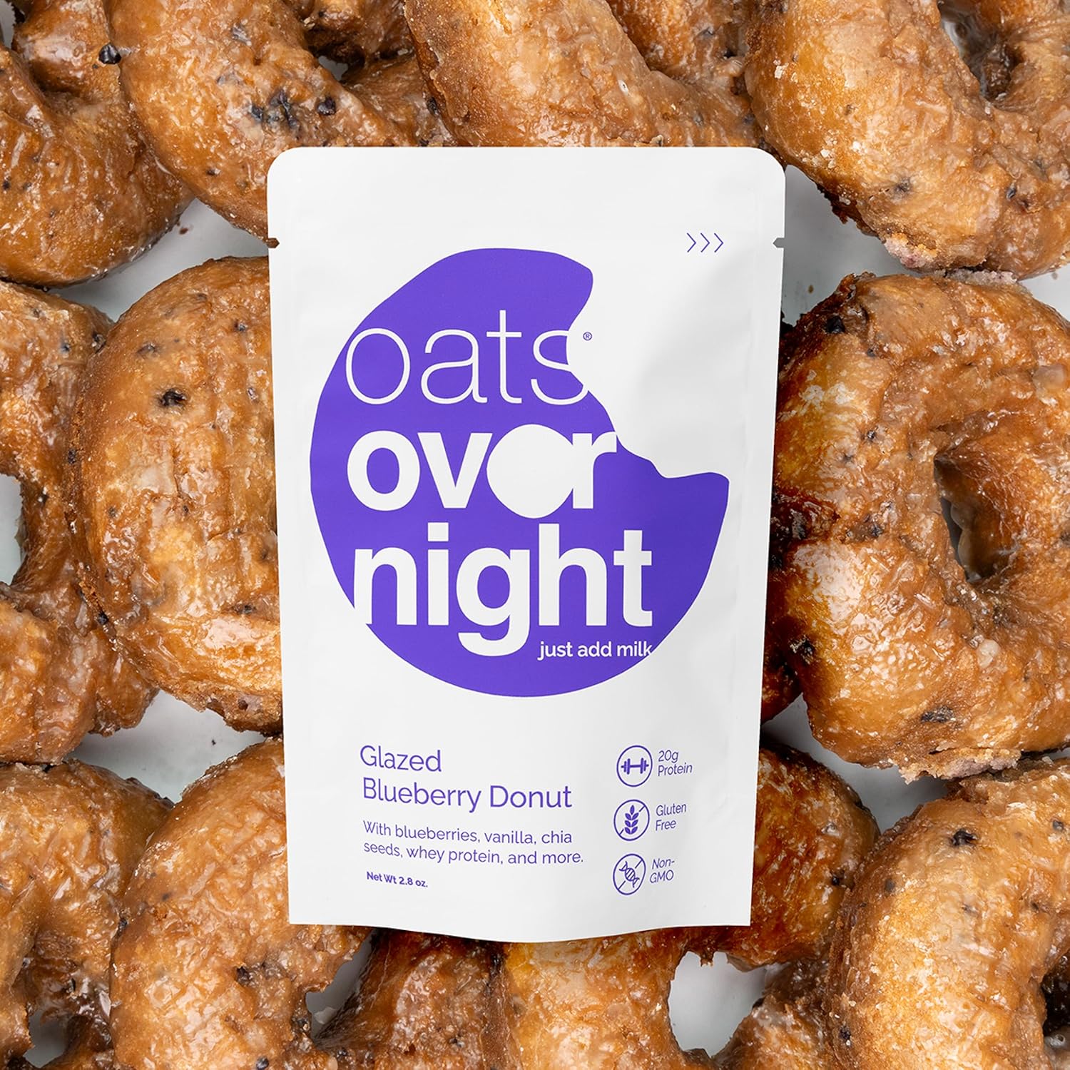 Oats Overnight Glazed Blueberry Donut - Overnight Oats with 20g Whey Protein, High Fiber Breakfast Protein Shake - Gluten Free Oatmeal, Non GMO High Protein Oatmeal (2.8 oz per Meal) (24 Pack)