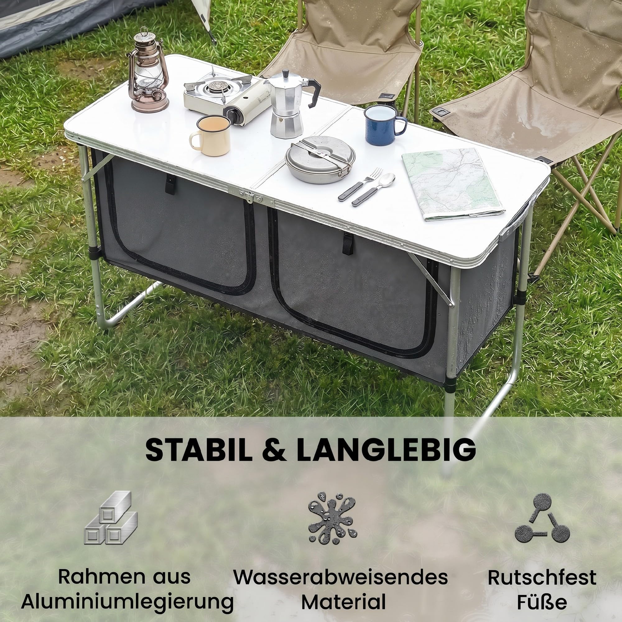 Outsunny Camping Küche Faltbar Campingschrank Aluminiumgestell Silber | Arbeitsplatte und Staufach, Outdoor Küchenschrank, für Reisen