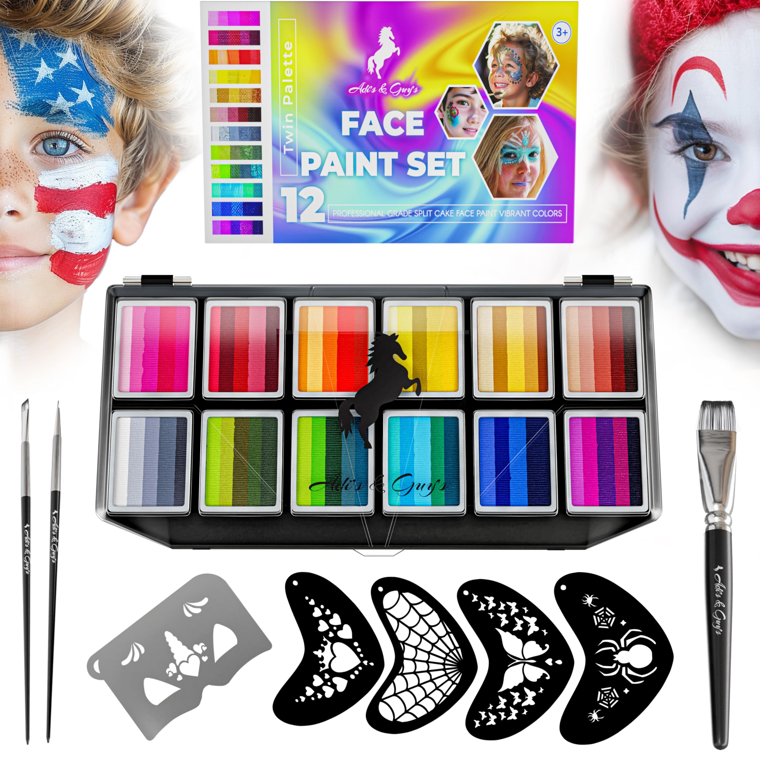 Face Paint Kit for Kids – Twin Palette with 12 Split Cake Colors, 3 Brushes & 5 Reusable Stencils – Non-Toxic, Paraben-Free, Easy to Use & Wash Off –