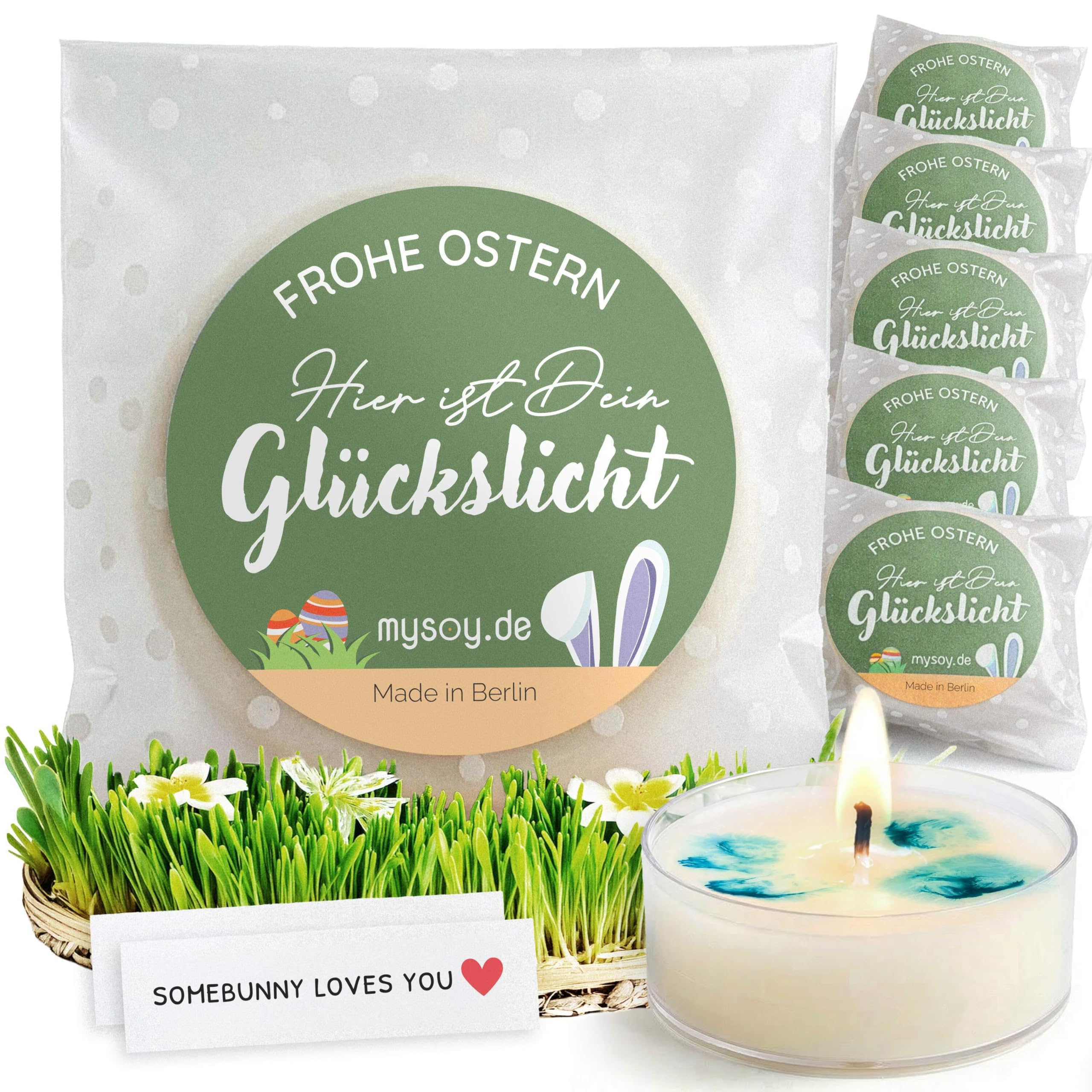 Kleine Ostergeschenke - 6x Glückslicht Teelichter mit Botschaft | Frohe Ostern Geschenk für Erwachsene, Mitbringsel & Tischdeko | Geschenkidee Made in Berlin aus Recycling-Material