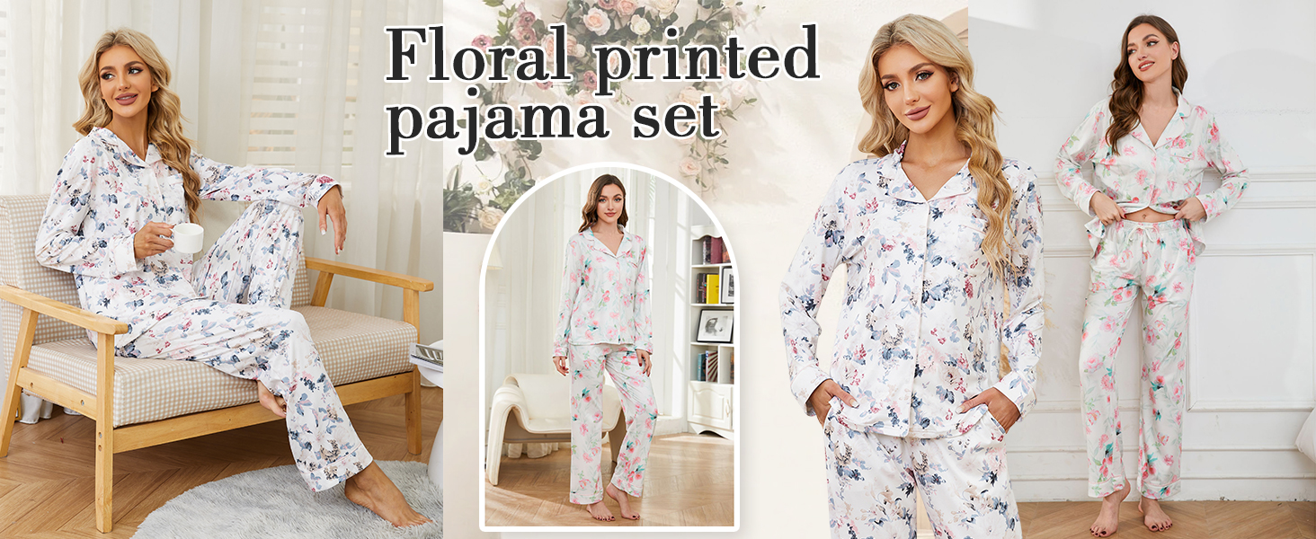 LYCY Womens Pajama Sets Floral Print, Long Sleeve Button