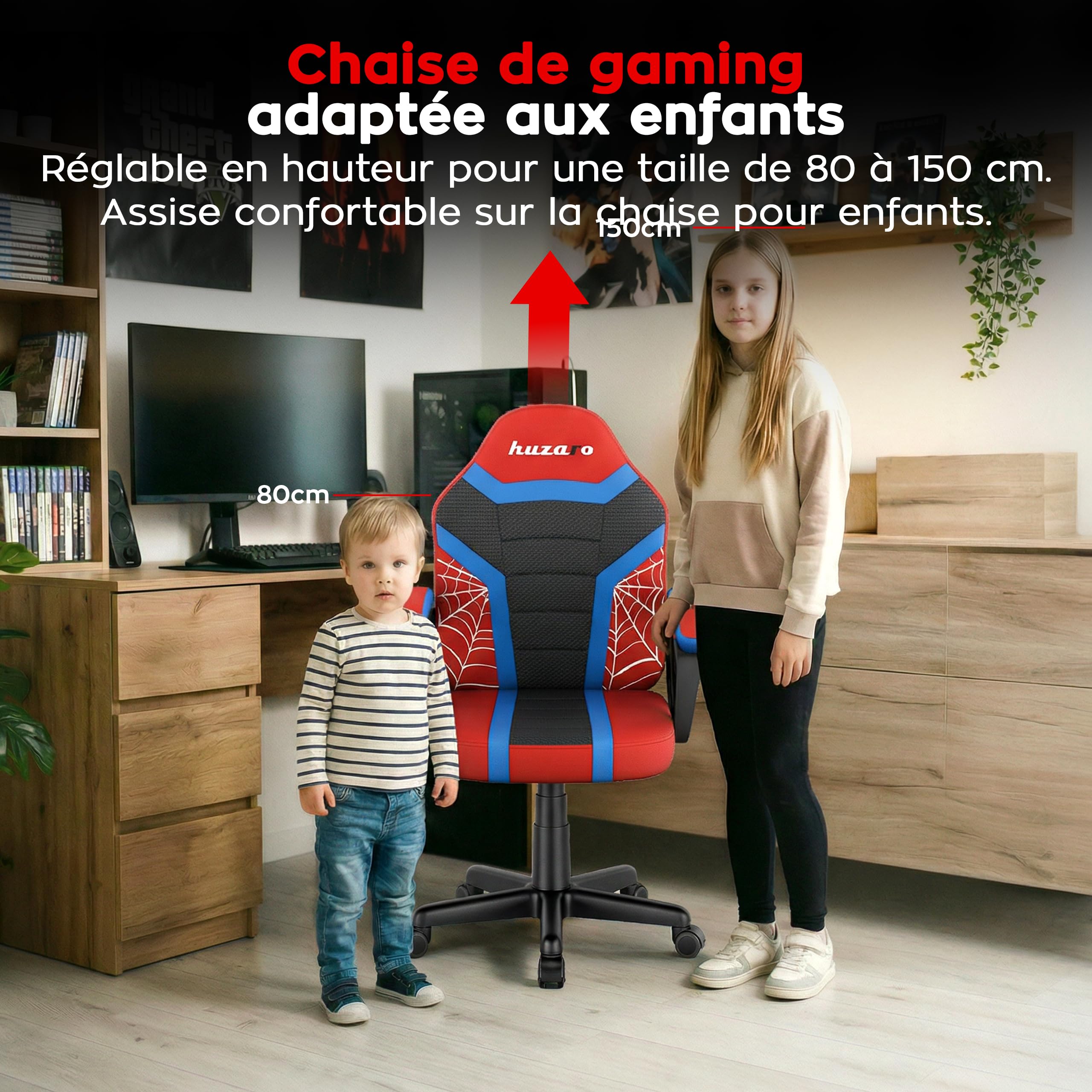 huzaro Ranger Mesh Chaise Gaming Ergonomique pour Enfant, Chaise de Bureau Enfant Respirante avec accoudoirs, Hauteur réglable 6 cm, Soutien du Dos, idéale pour Enfants 80–150 cm, siège Stable Spider