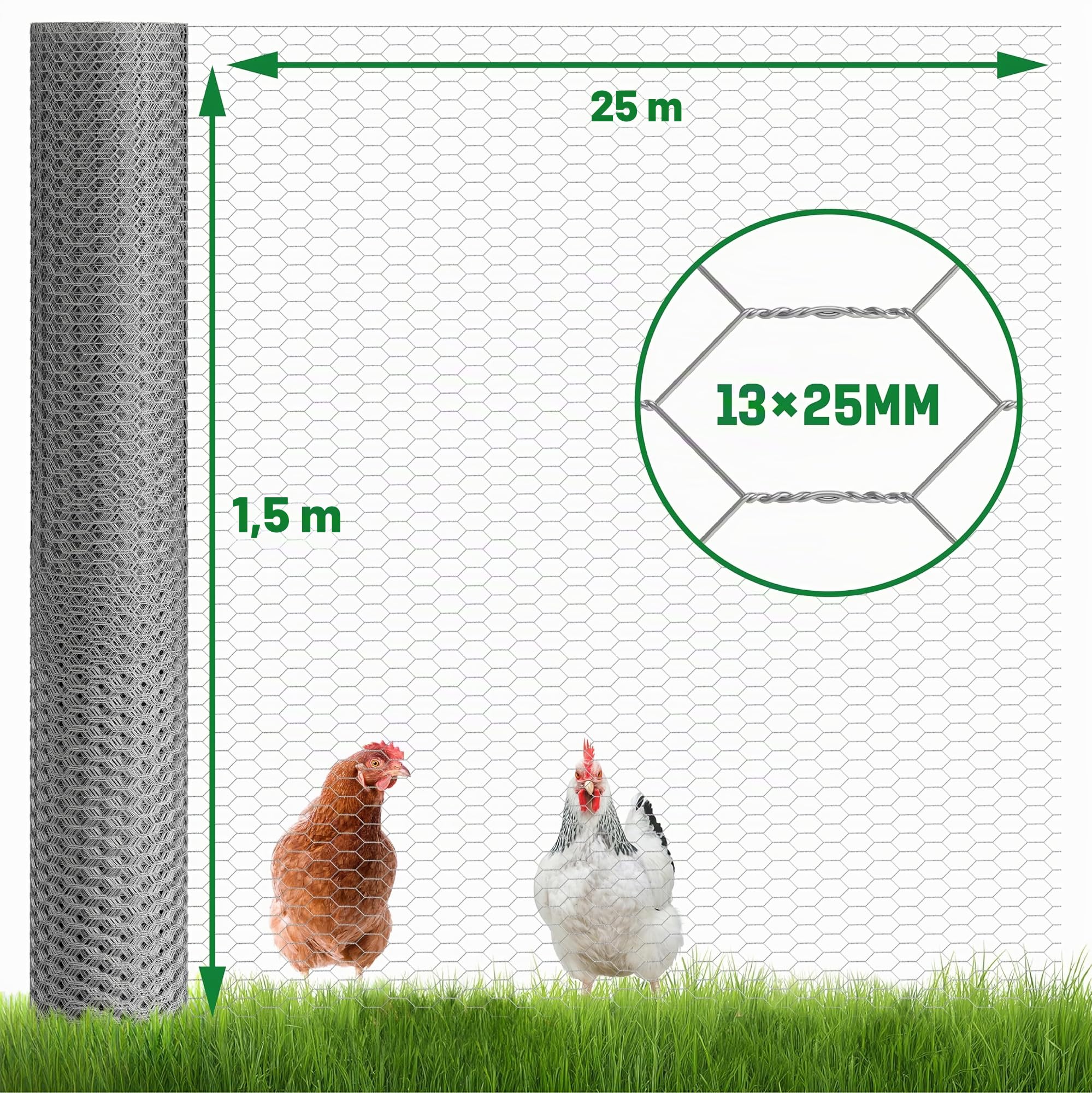 GardenGloss Maschendrahtzaun Verzinkt - Feinmaschig 13x25 mm - 150cmx25m | Engmaschig - Für Küken & Kleintiere - Verzinkter Stahl - Witterungsbeständig