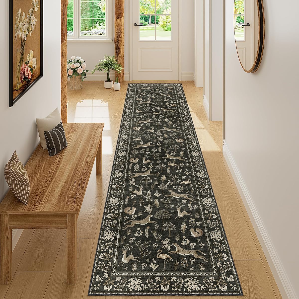 DUKINO 2x8 Washable Runner Rug, Non Slip Animal Kitchen Rug, Charcoal Black