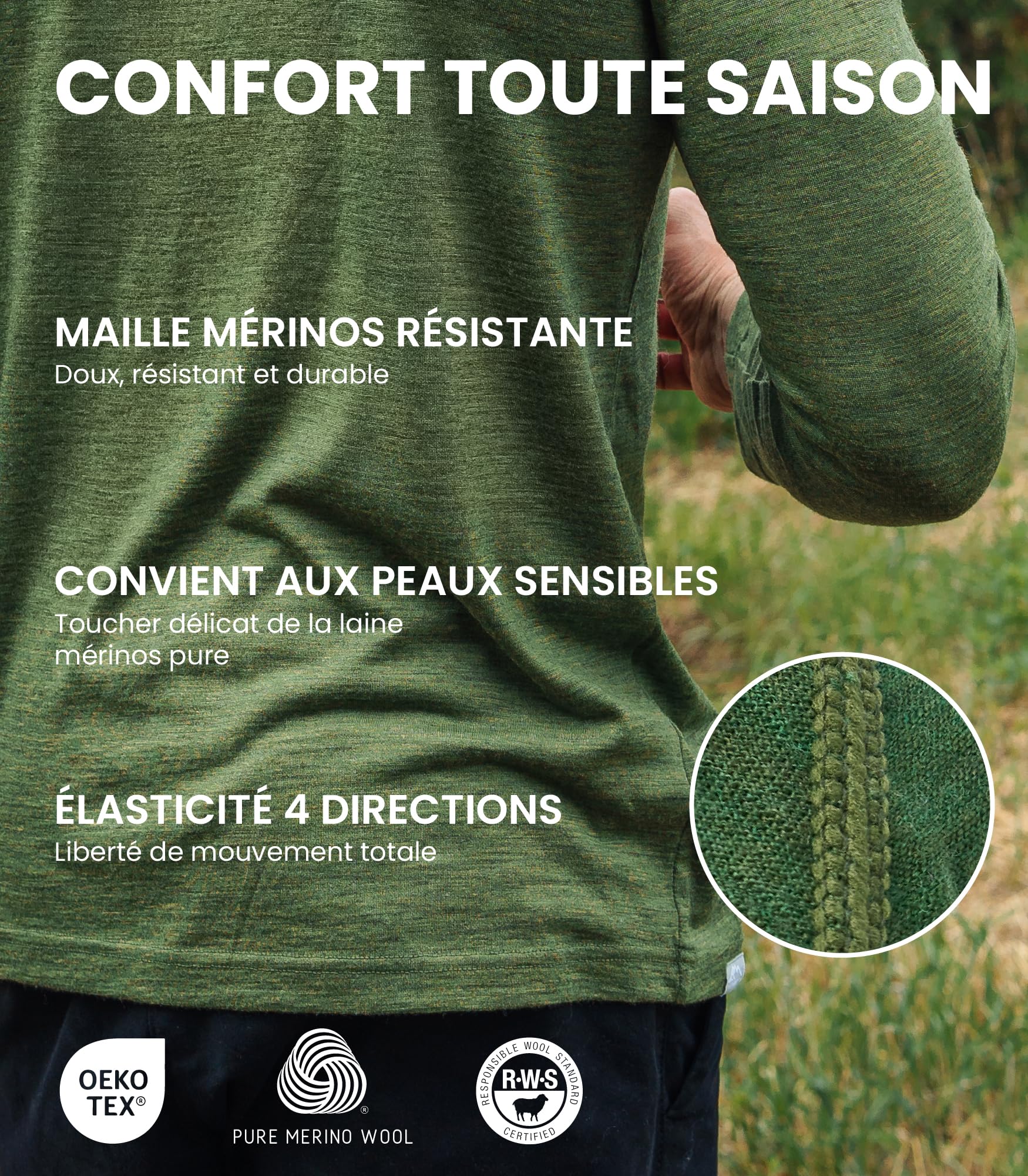 Merino.tech Chemise Homme Manches Longues 100% Merinos - sous Vetement Merinos Homme Lourd, Moyen, Léger avec Chaussettes - 4
