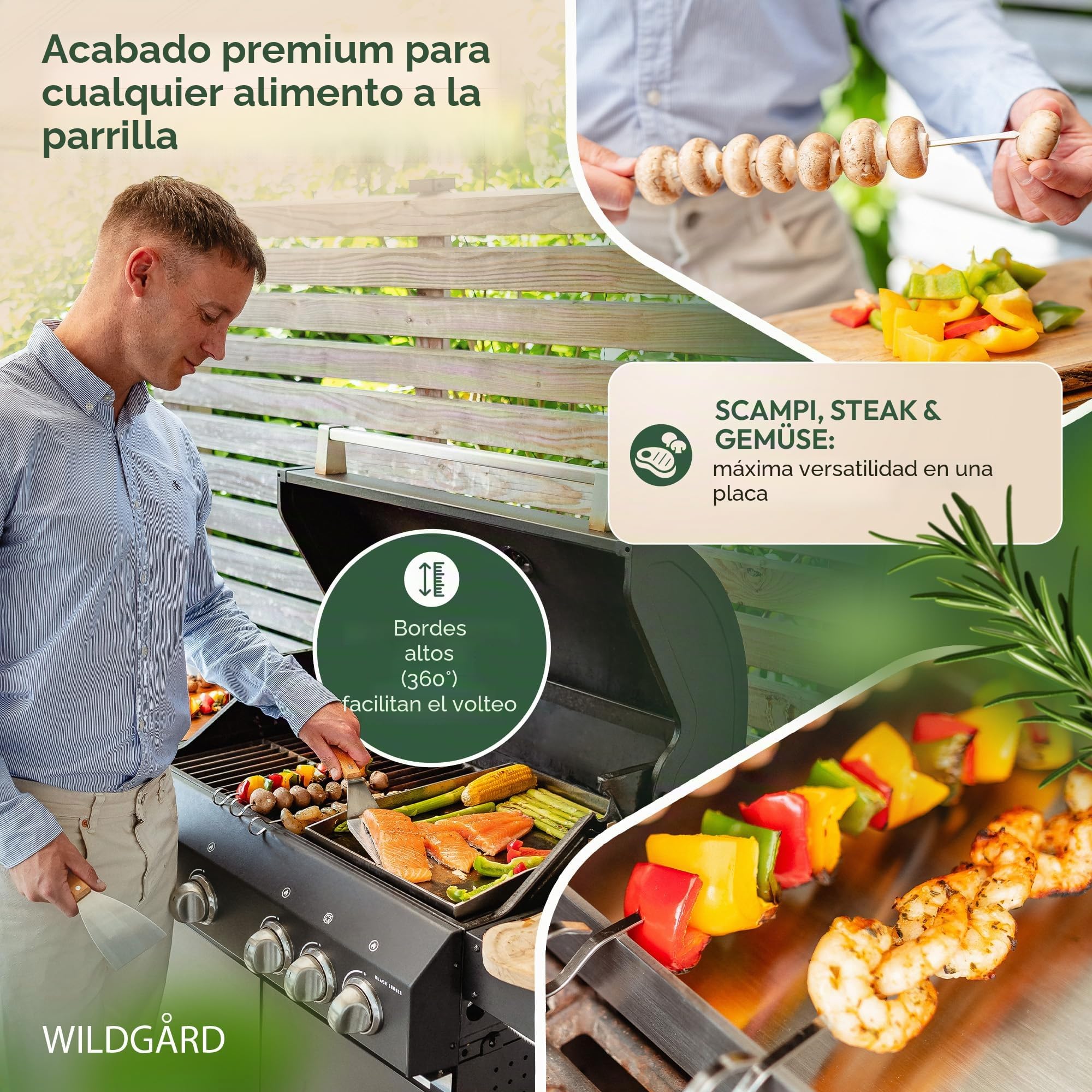 Plancha – Placa de Acero Inoxidable Grueso – 30 x 20 cm – Adecuado para barbacoa de gas y BBQ de carbón +PLUS: 2x espátulas para parrilla y 5x brochetas